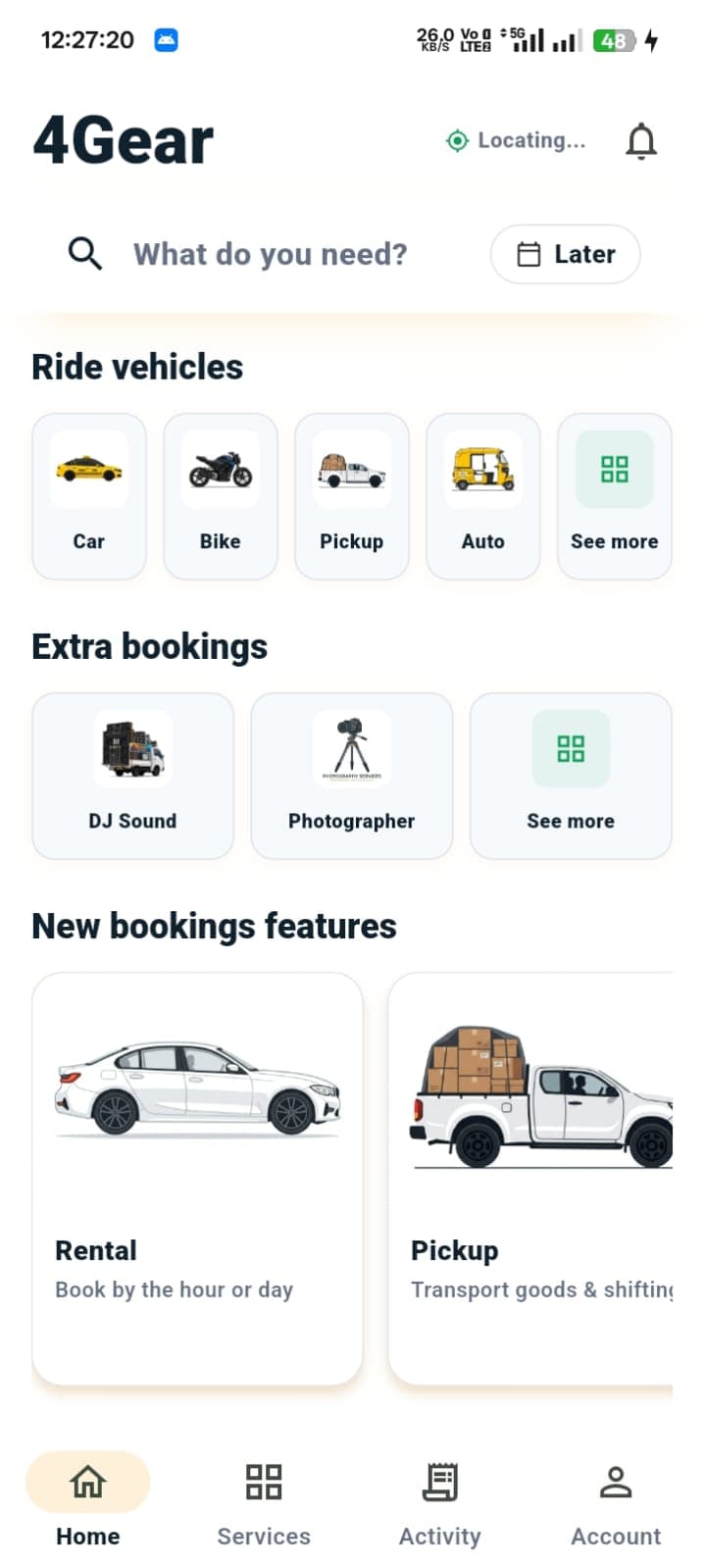 4Gear customer app home screen showing ride vehicles and extra bookings